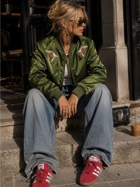 Olive Green Bomber Jacket with Embroidered Eagle - Join A Girl Gang